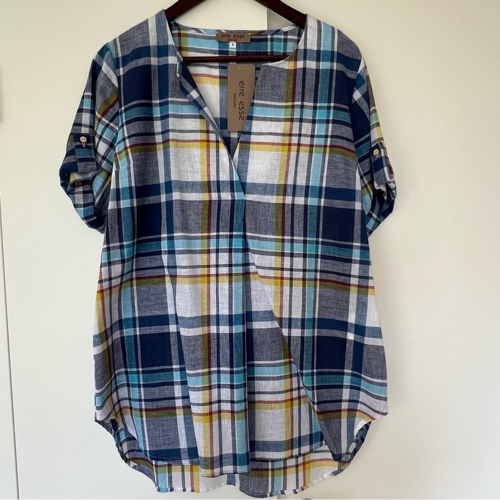 Blue Plaid Linen Cotton Top